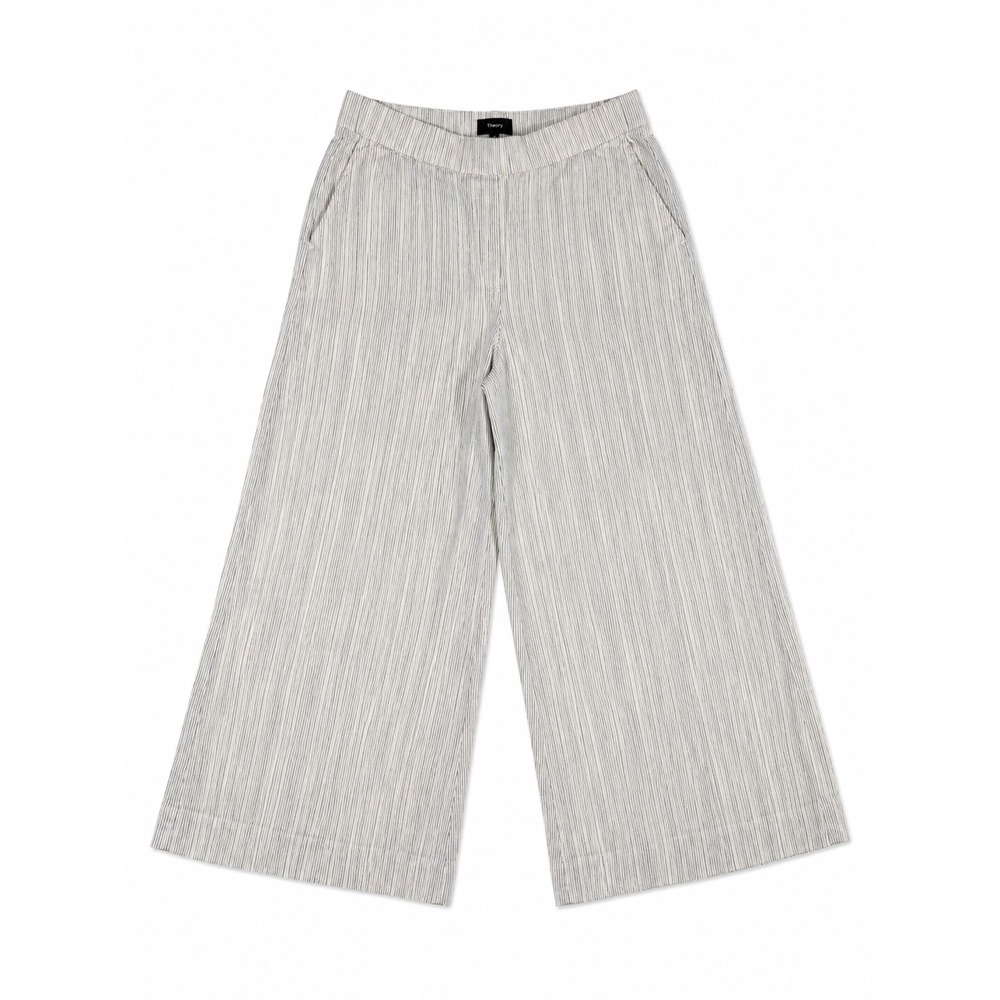 Theory Raoka W Ikat Tierra Striped Wide Leg Linen Blend Pants Small White Navy